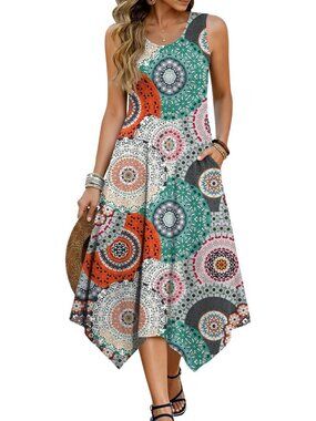Hotouch Women's Floral Mixed Blue Sleeveless Sundress Hankerchief Beach Dress
